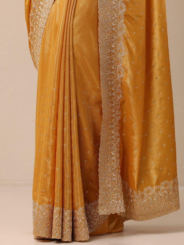 Mustard Embellished Crepe Sarees With Unstitched Blouse Piece