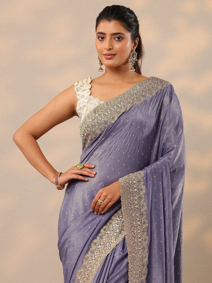 Lavender Embellished Crepe Sarees With Unstitched Blouse Piece