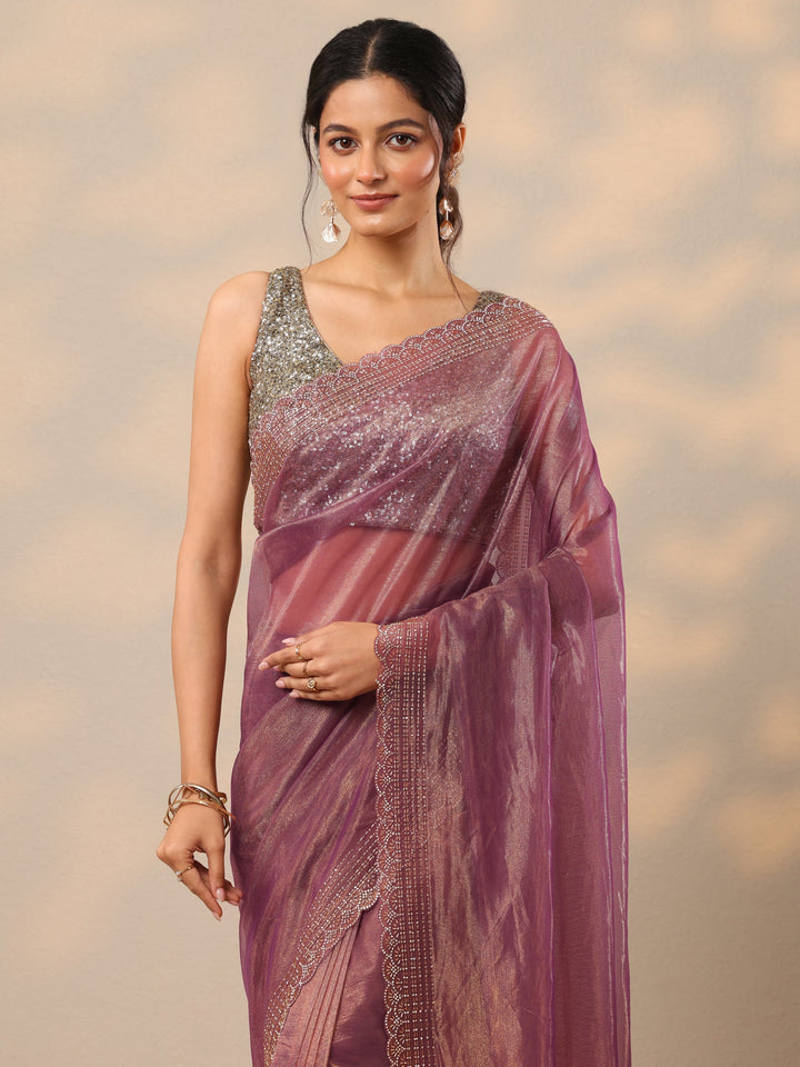 Mauve Embellished Nylon Sarees With Unstitched Blouse Piece