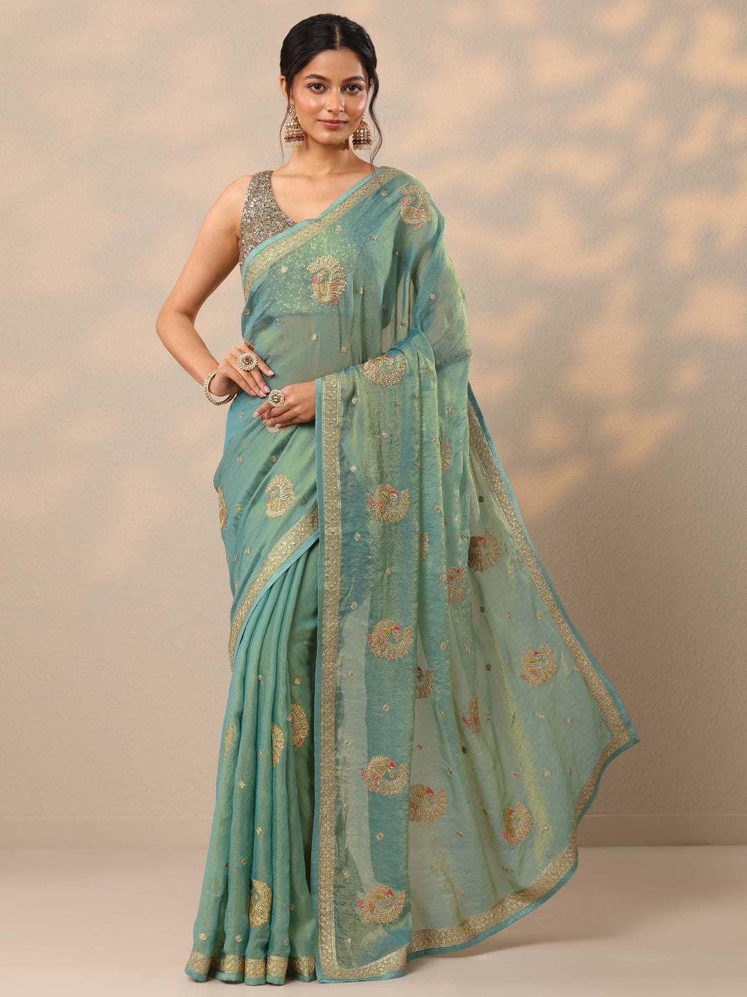 Blue Embroidered Organza Sarees With Unstitched Blouse Piece