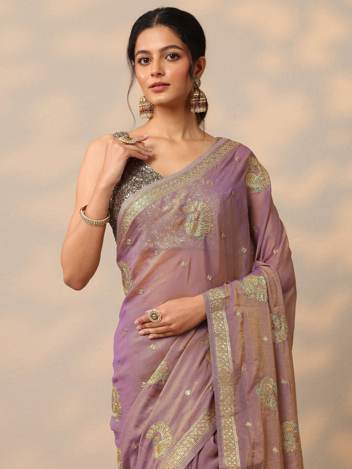 Lavender Embroidered Organza Saree With Unstitched Blouse Piece