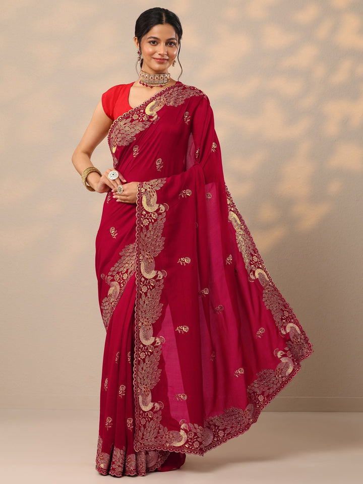 Red Embroidered Silk Blend Sarees With Unstitched Blouse Piece