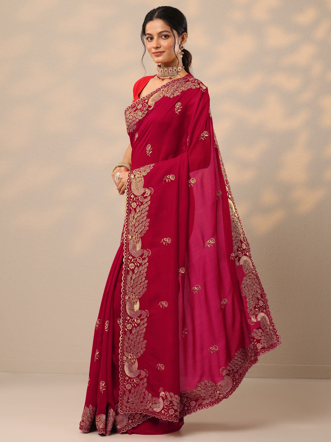 Red Embroidered Silk Blend Sarees With Unstitched Blouse Piece