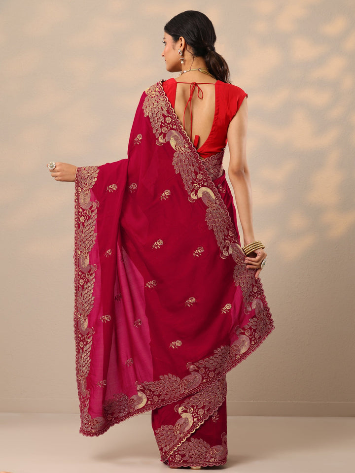 Red Embroidered Silk Blend Sarees With Unstitched Blouse Piece