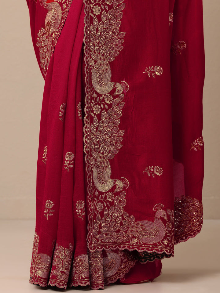 Red Embroidered Silk Blend Sarees With Unstitched Blouse Piece