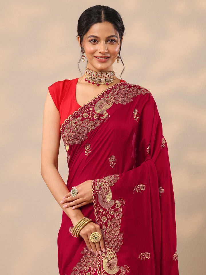 Red Embroidered Silk Blend Sarees With Unstitched Blouse Piece