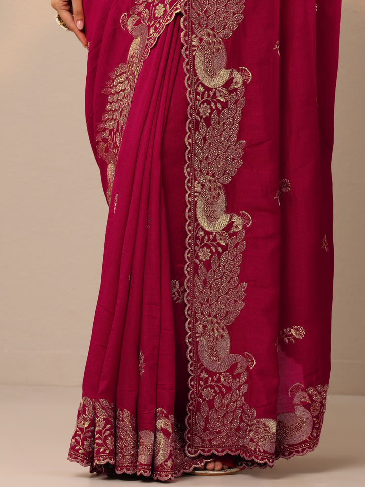 Pink Embroidered Silk Blend Sarees With Unstitched Blouse Piece
