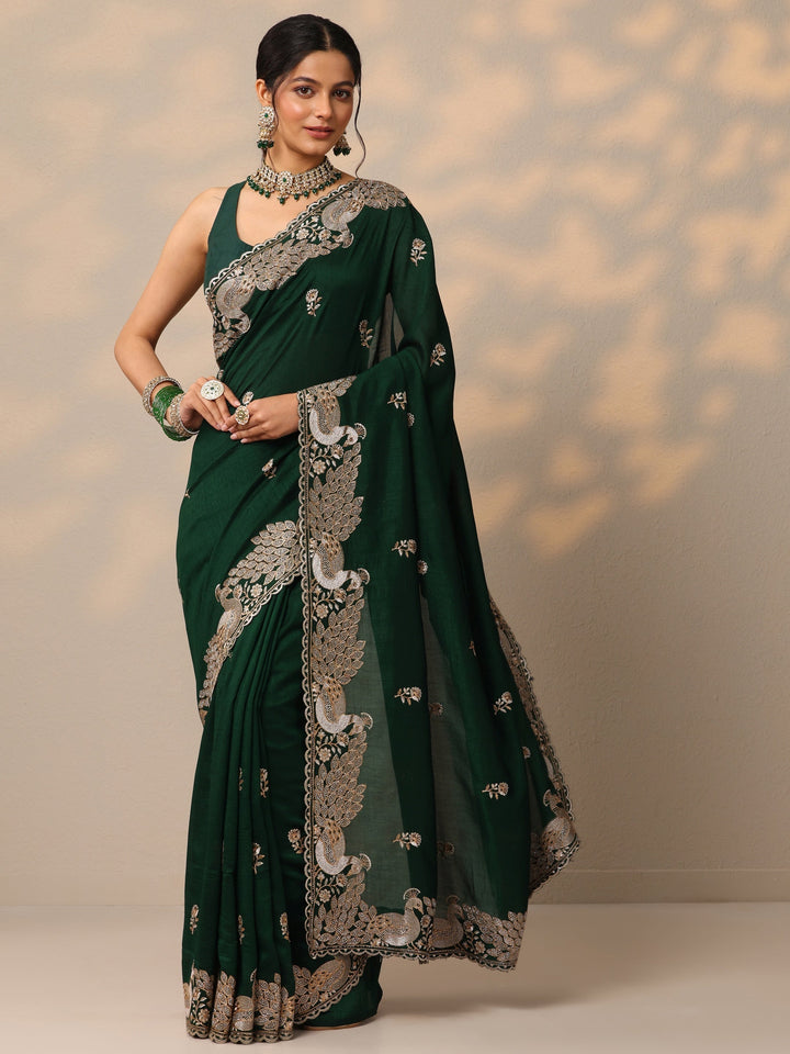 Green Embroidered Silk Blend Sarees With Unstitched Blouse Piece