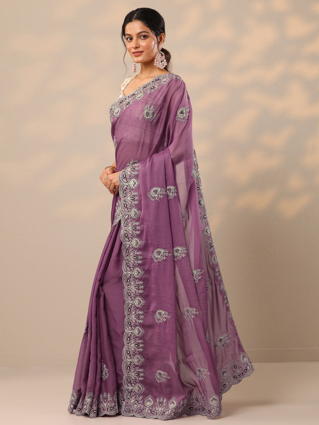 Mauve Embroidered Silk Blend Sarees With Unstitched Blouse Piece