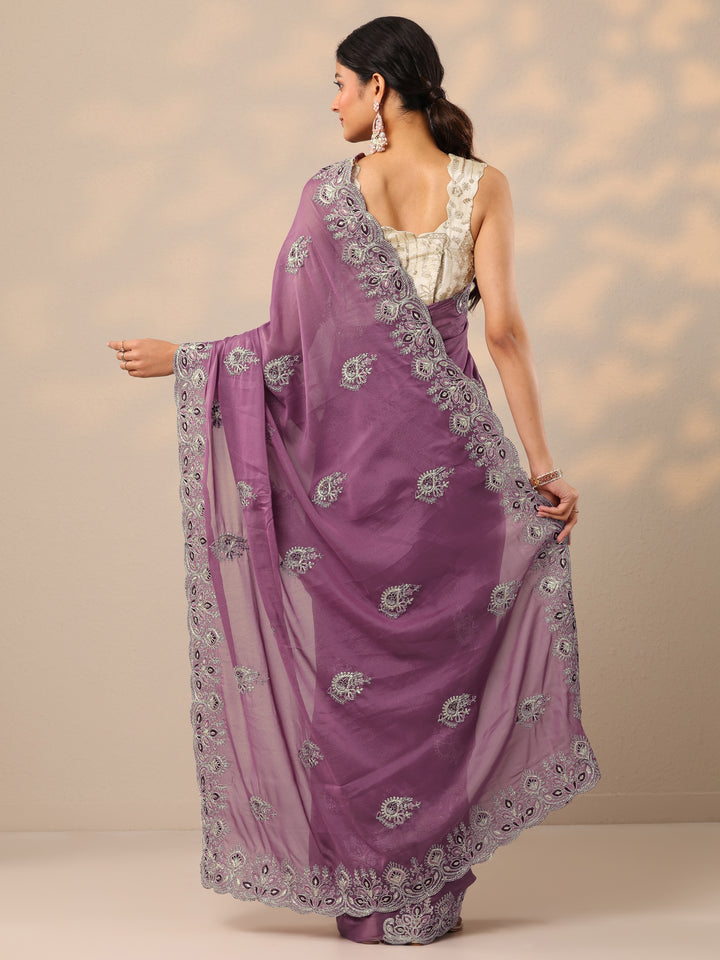 Mauve Embroidered Silk Blend Sarees With Unstitched Blouse Piece