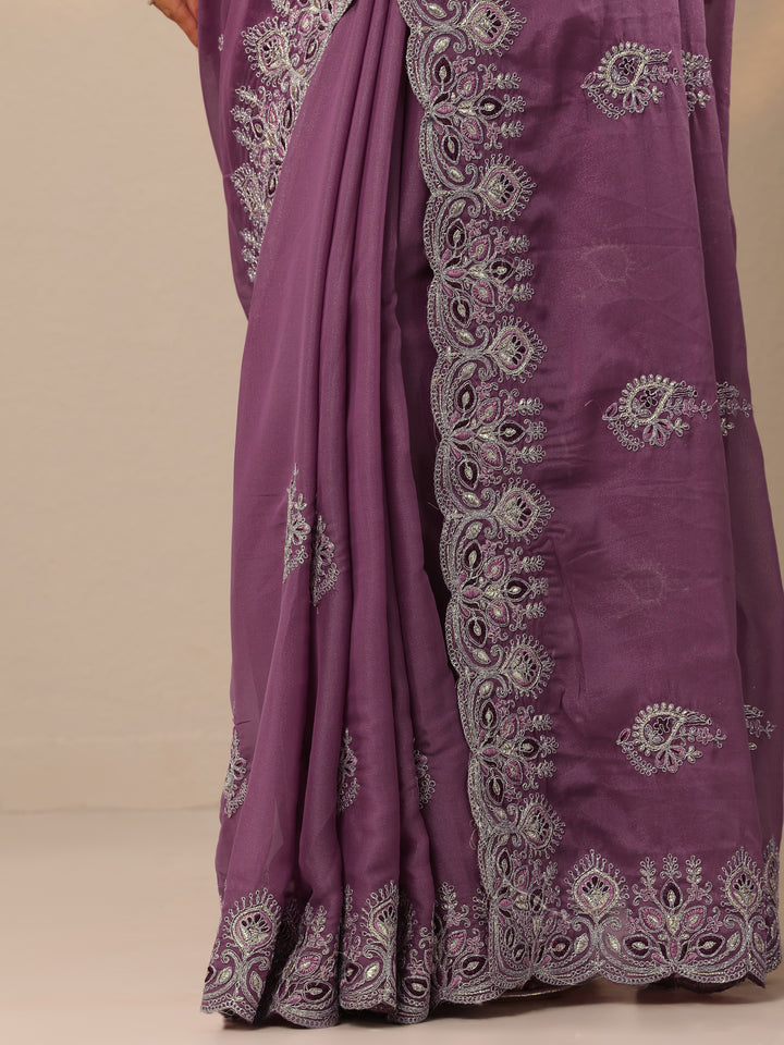 Mauve Embroidered Silk Blend Sarees With Unstitched Blouse Piece