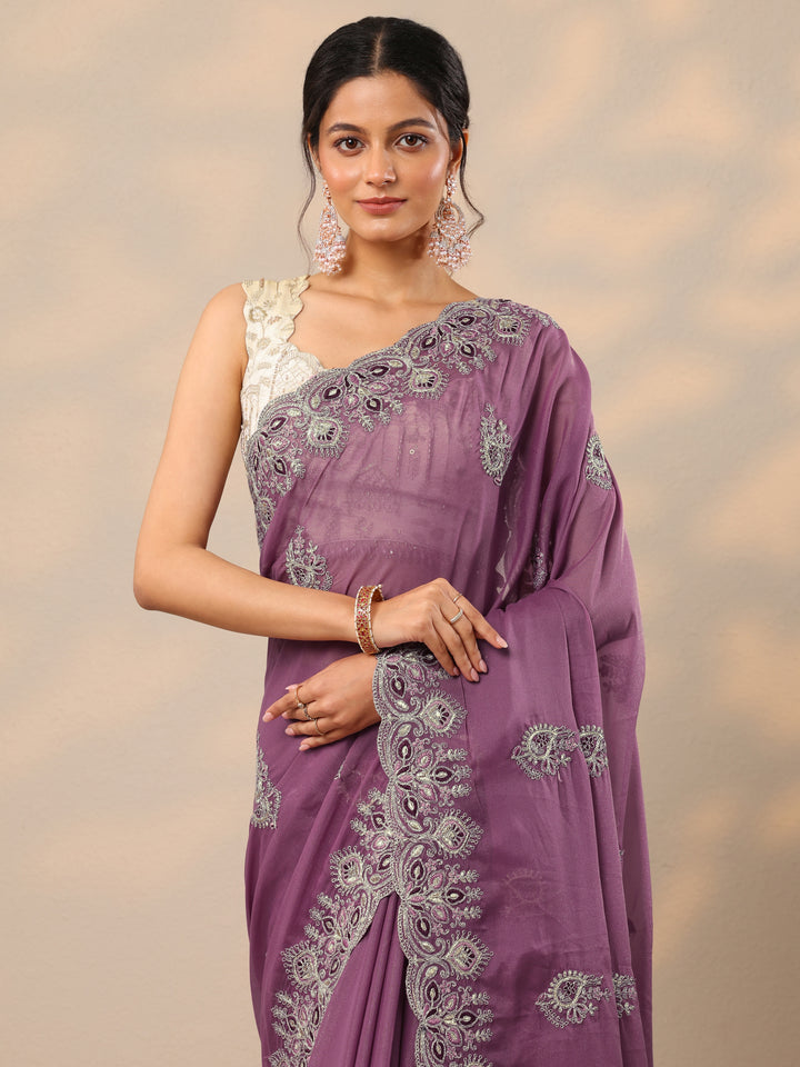 Mauve Embroidered Silk Blend Sarees With Unstitched Blouse Piece