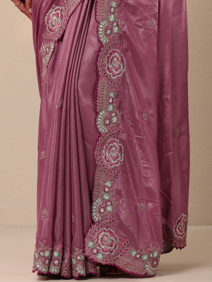Mauve Embroidered Silk Blend Sarees With Unstitched Blouse Piece
