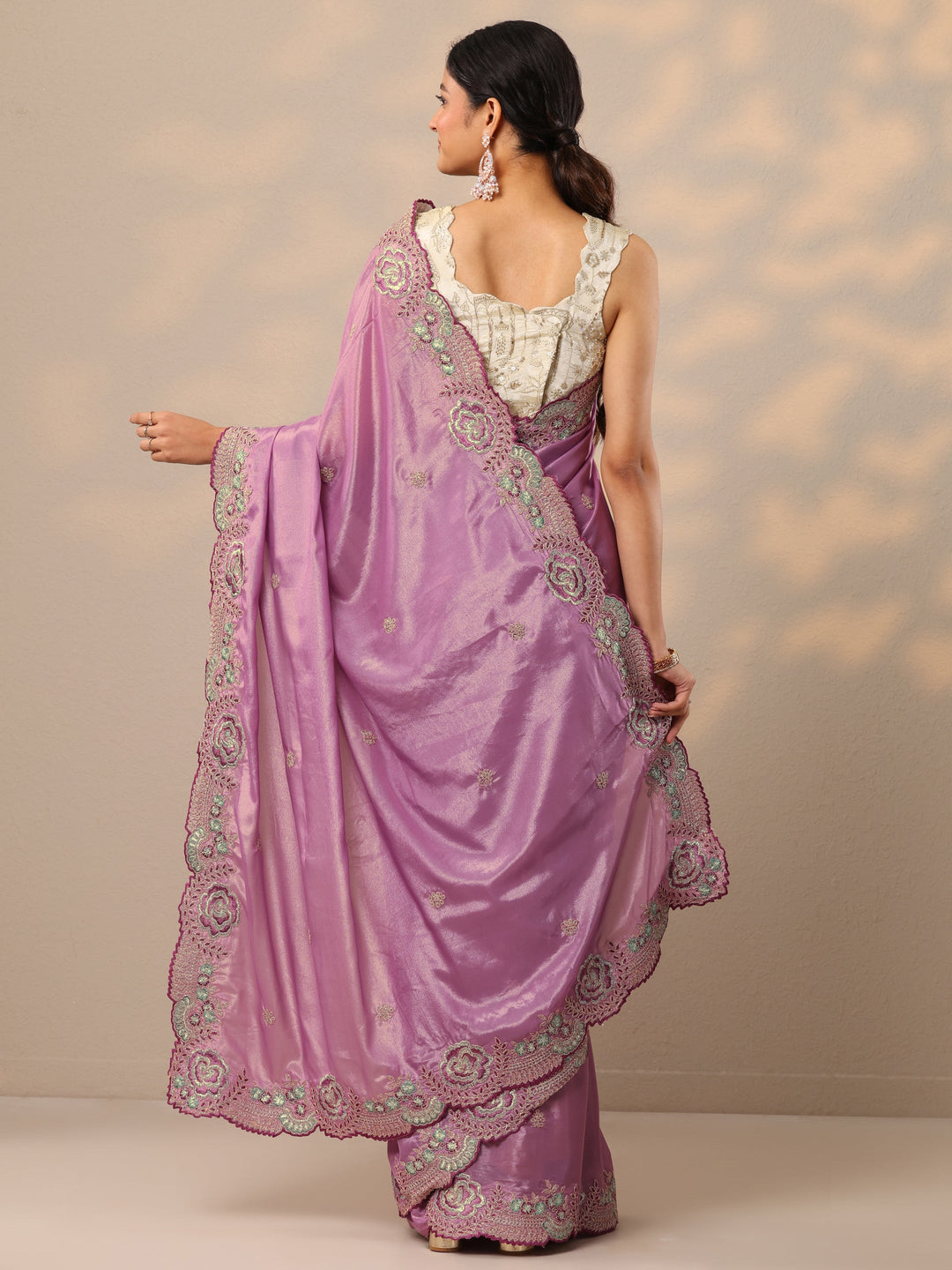 Mauve Embroidered Silk Blend Sarees With Unstitched Blouse Piece