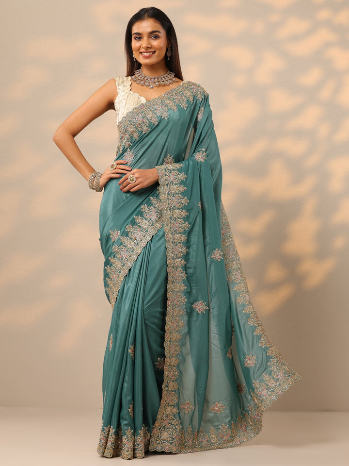Blue Embroidered Silk blend Saree With Unstitched Blouse Piece