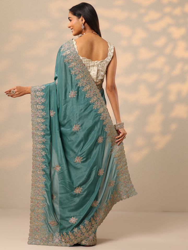 Blue Embroidered Silk blend Saree With Unstitched Blouse Piece