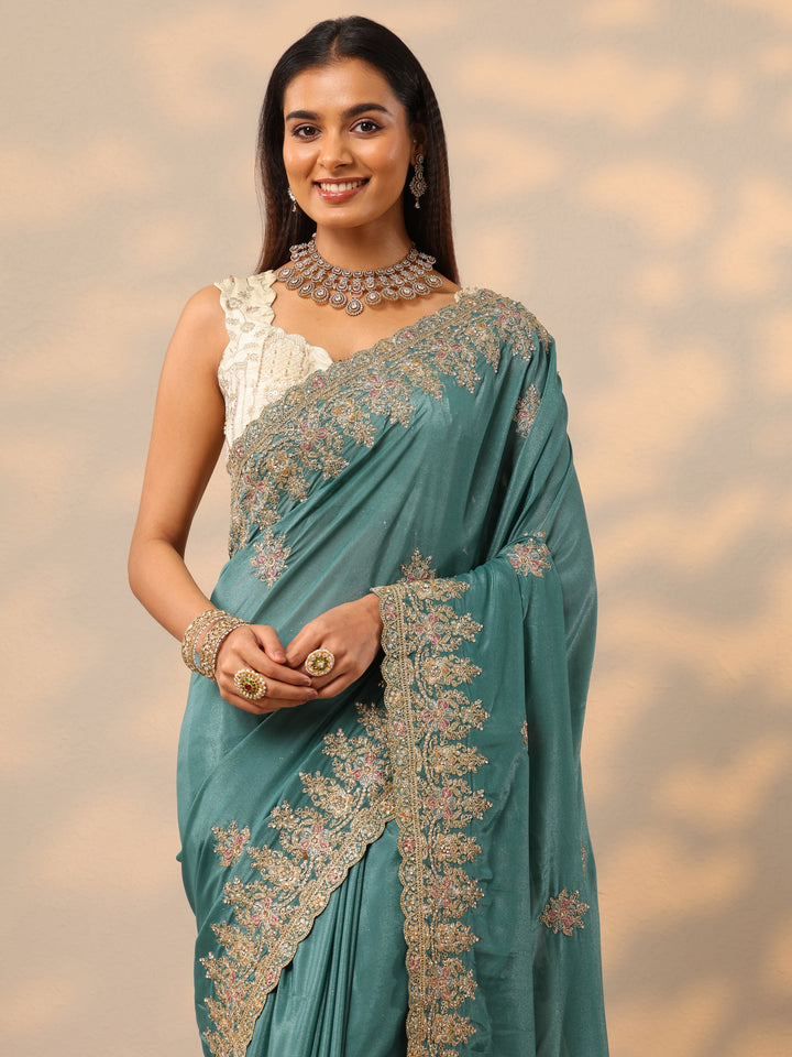 Blue Embroidered Silk blend Saree With Unstitched Blouse Piece