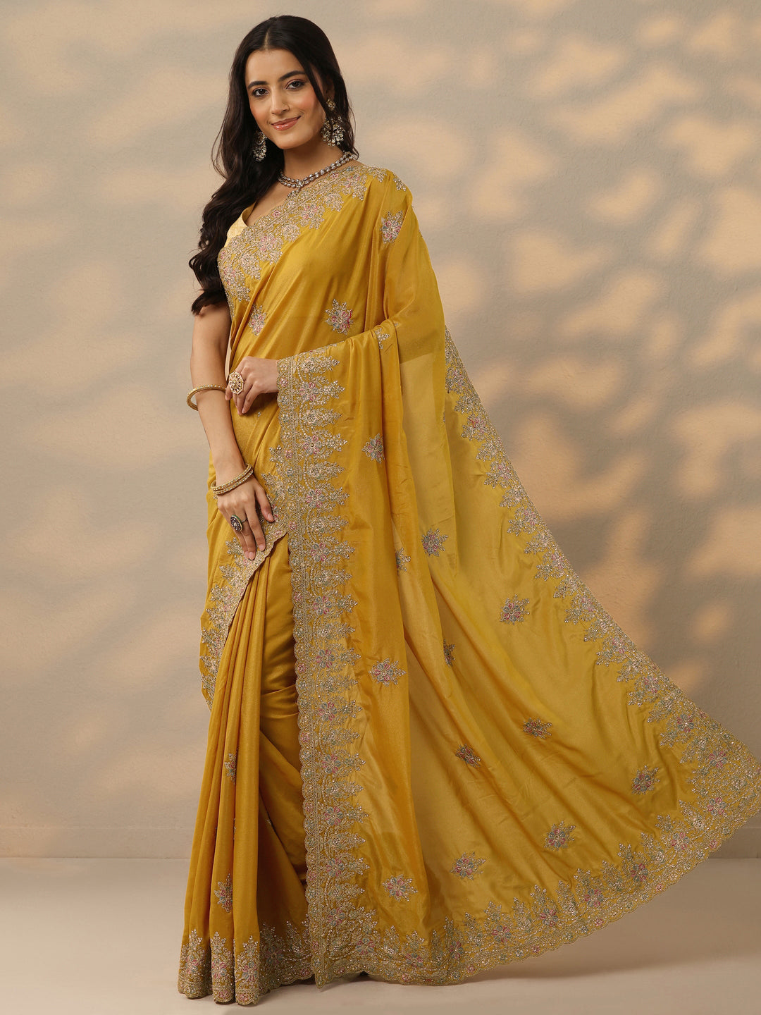 Mustard Embroidered Silk Blend Saree With Unstitched Blouse Piece