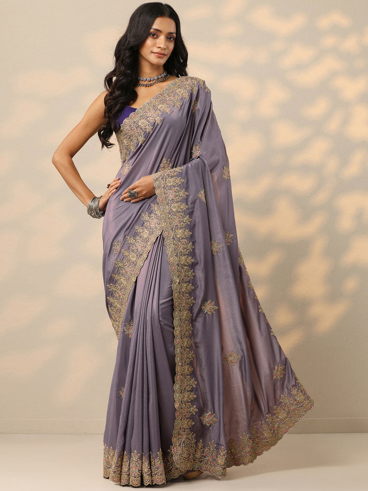 Lavender Embroidered Silk Blend Saree With Unstitched Blouse Piece