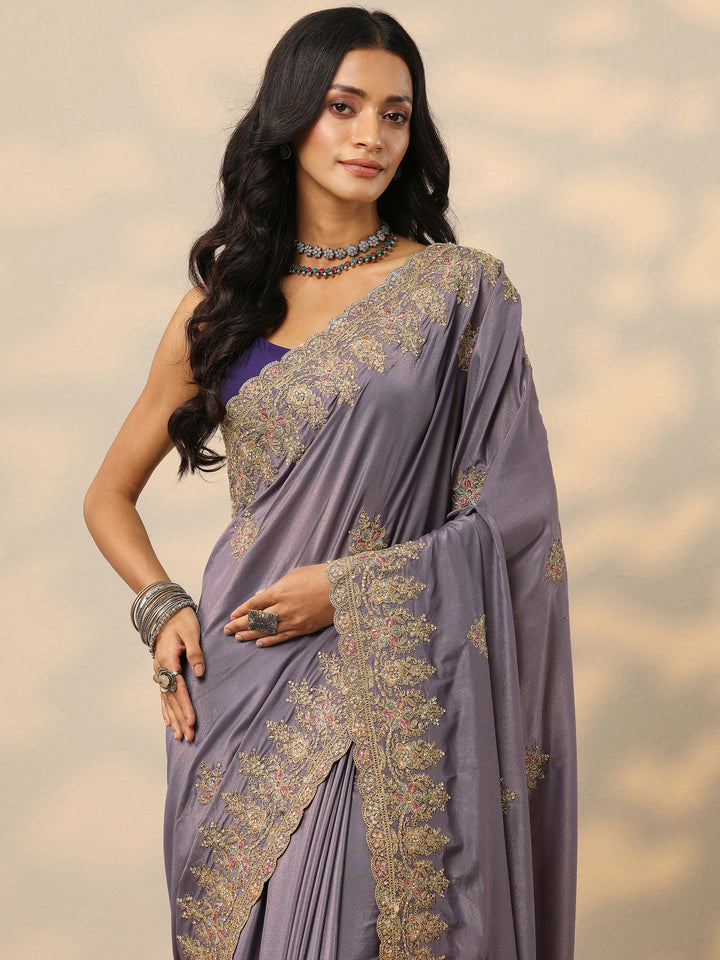 Lavender Embroidered Silk Blend Saree With Unstitched Blouse Piece