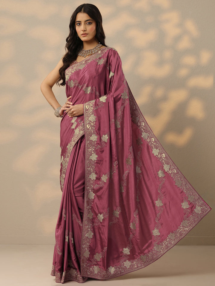 Pink Embroidered Silk Blend Saree With Unstitched Blouse Piece