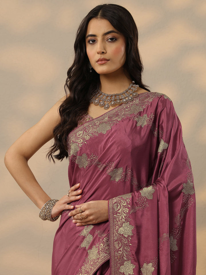 Pink Embroidered Silk Blend Saree With Unstitched Blouse Piece