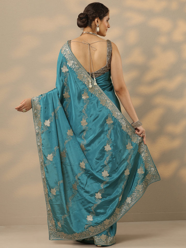 Blue Embroidered Silk Blend Saree With Unstitched Blouse Piece
