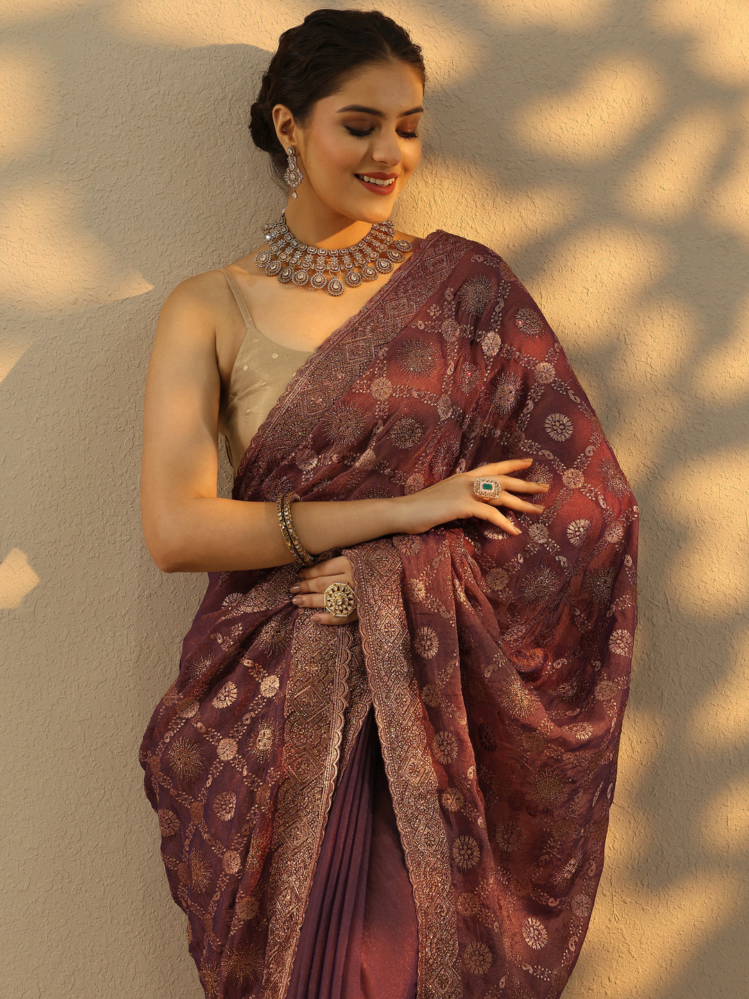Purple Embroidered Banarasi Silk Blend Saree With Unstitched Blouse Piece