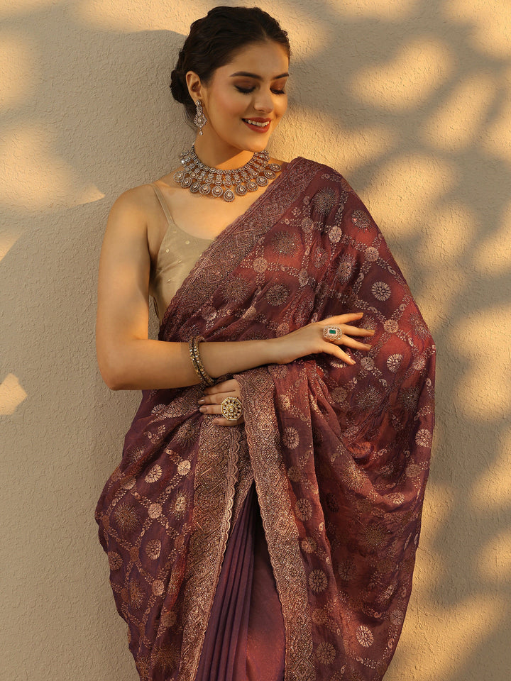 Purple Embroidered Banarasi Silk Blend Saree With Unstitched Blouse Piece
