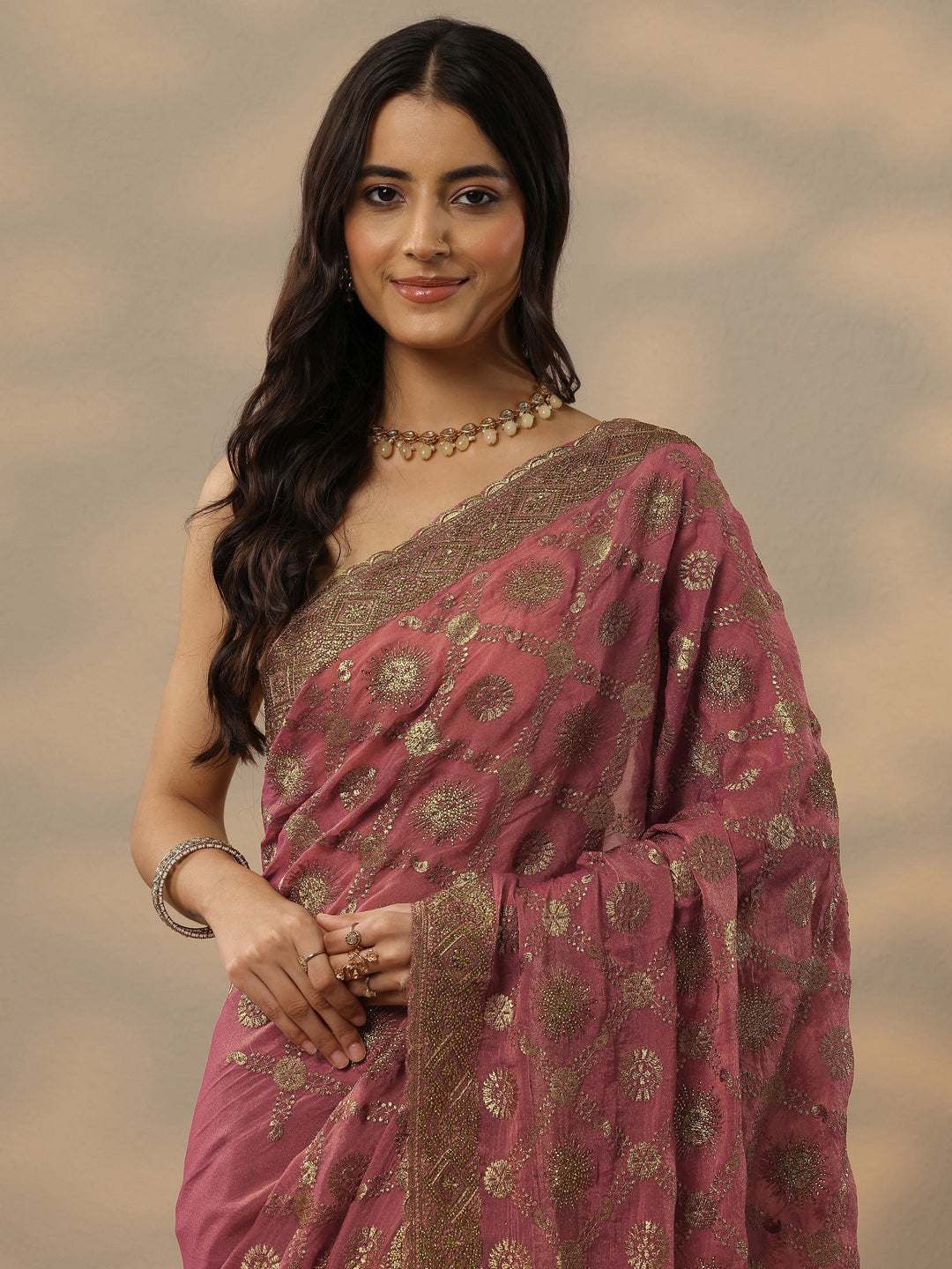 Pink Embroidered Banarasi Silk Blend Saree With Unstitched Blouse Piece