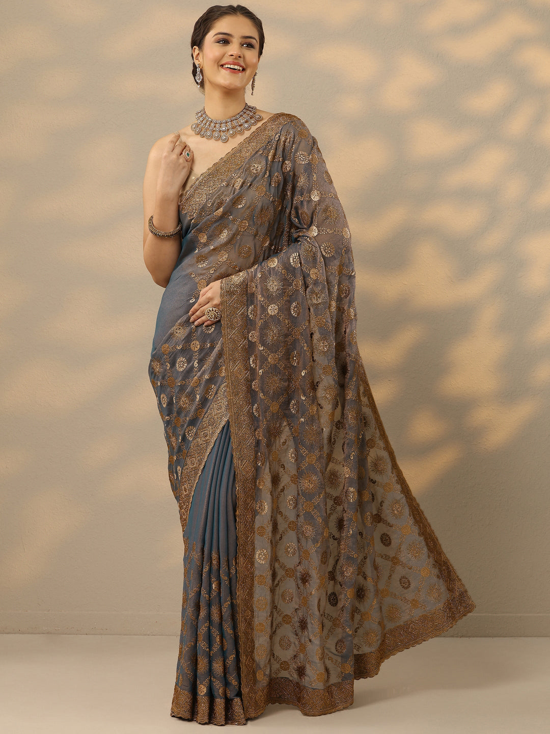 Blue Embroidered Banarasi Silk Blend Saree With Unstitched Blouse Piece