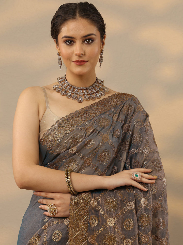 Blue Embroidered Banarasi Silk Blend Saree With Unstitched Blouse Piece