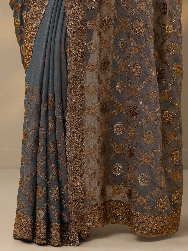 Blue Embroidered Banarasi Silk Blend Saree With Unstitched Blouse Piece