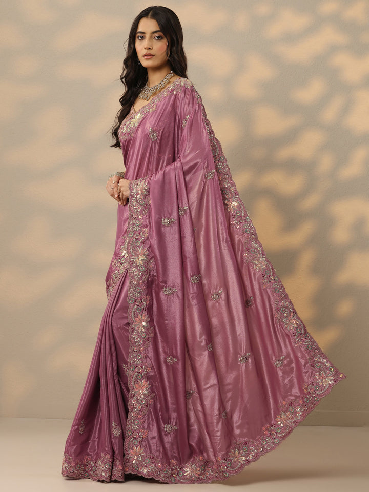 Mauve Embroidered Silk Blend Saree With Unstitched Blouse Piece