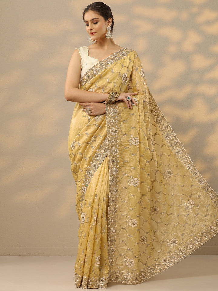 Yellow Embroidered Organza Saree With Unstitched Blouse Piece
