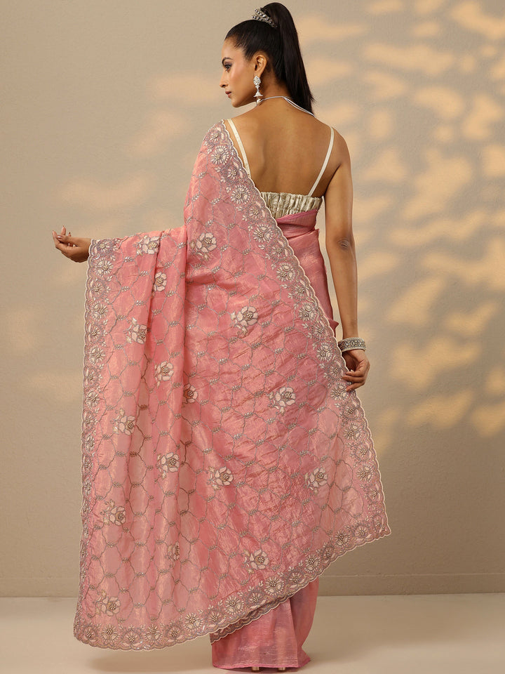 Peach Embroidered Organza Saree With Unstitched Blouse Piece
