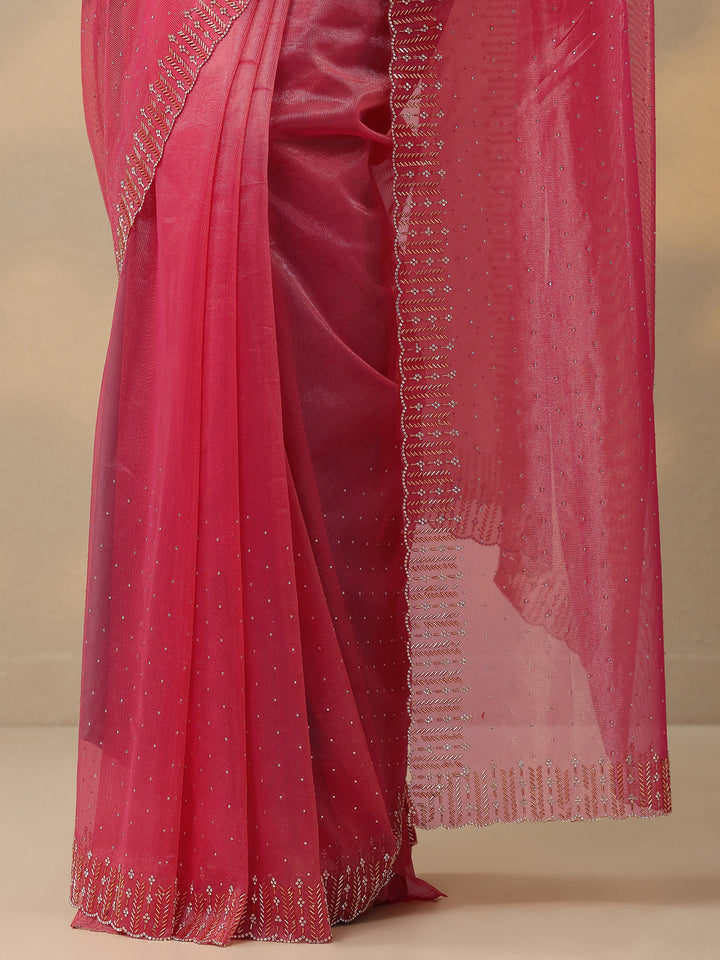 Pink Embellished Nylon Saree With Unstitched Blouse Piece