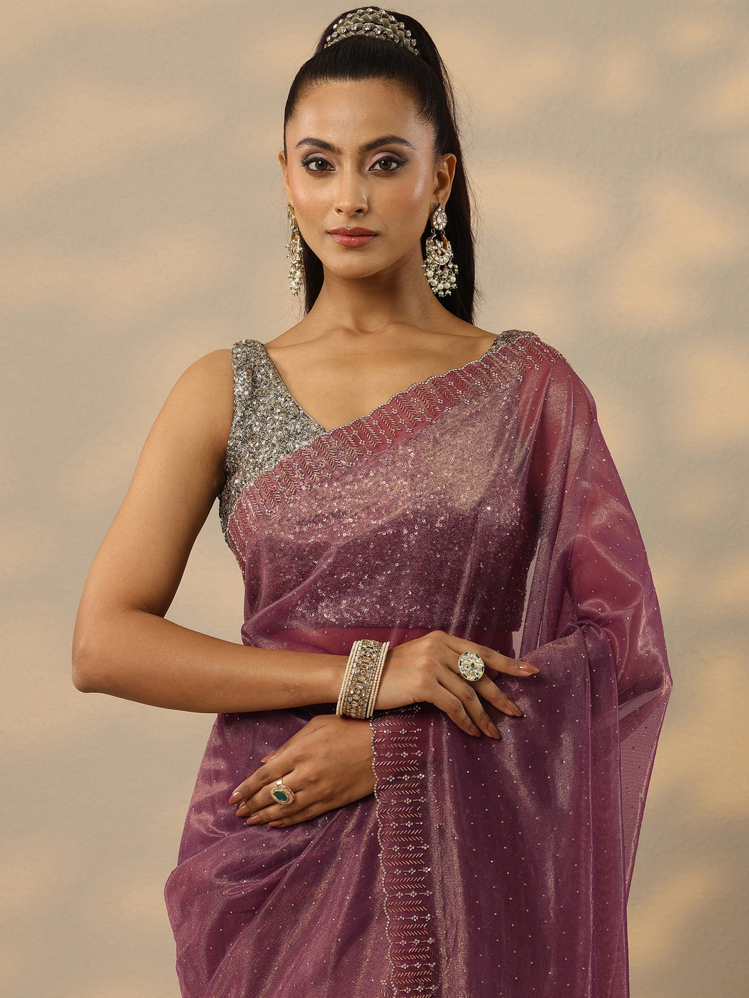 Mauve Embellished Nylon Saree With Unstitched Blouse Piece