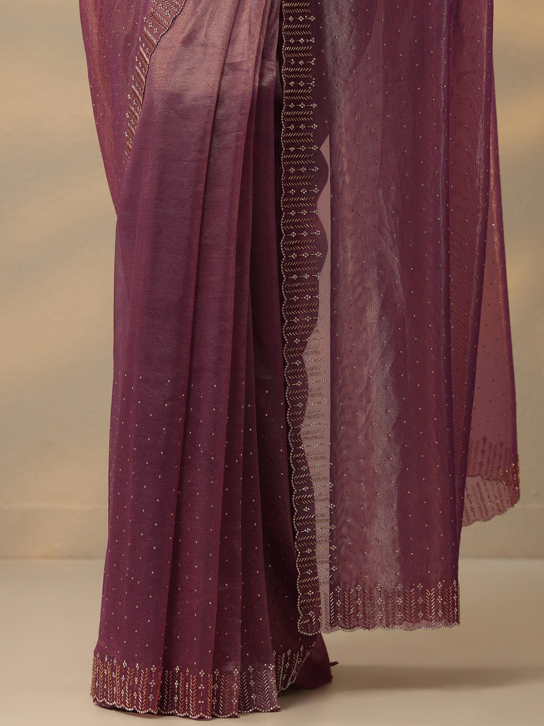 Mauve Embellished Nylon Saree With Unstitched Blouse Piece