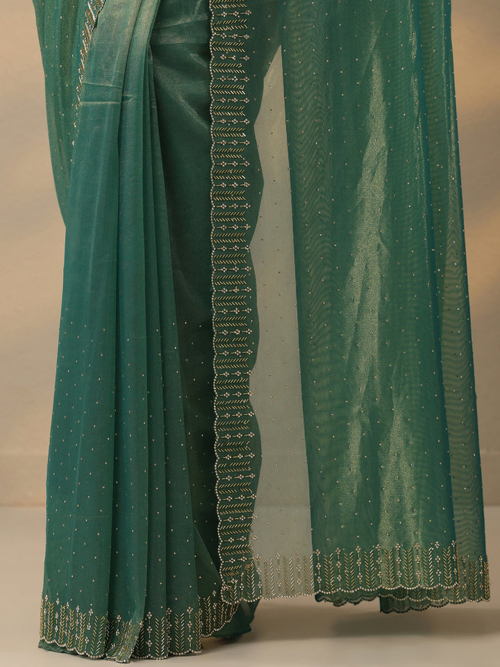 Green Embellished Nylon Saree With Unstitched Blouse Piece