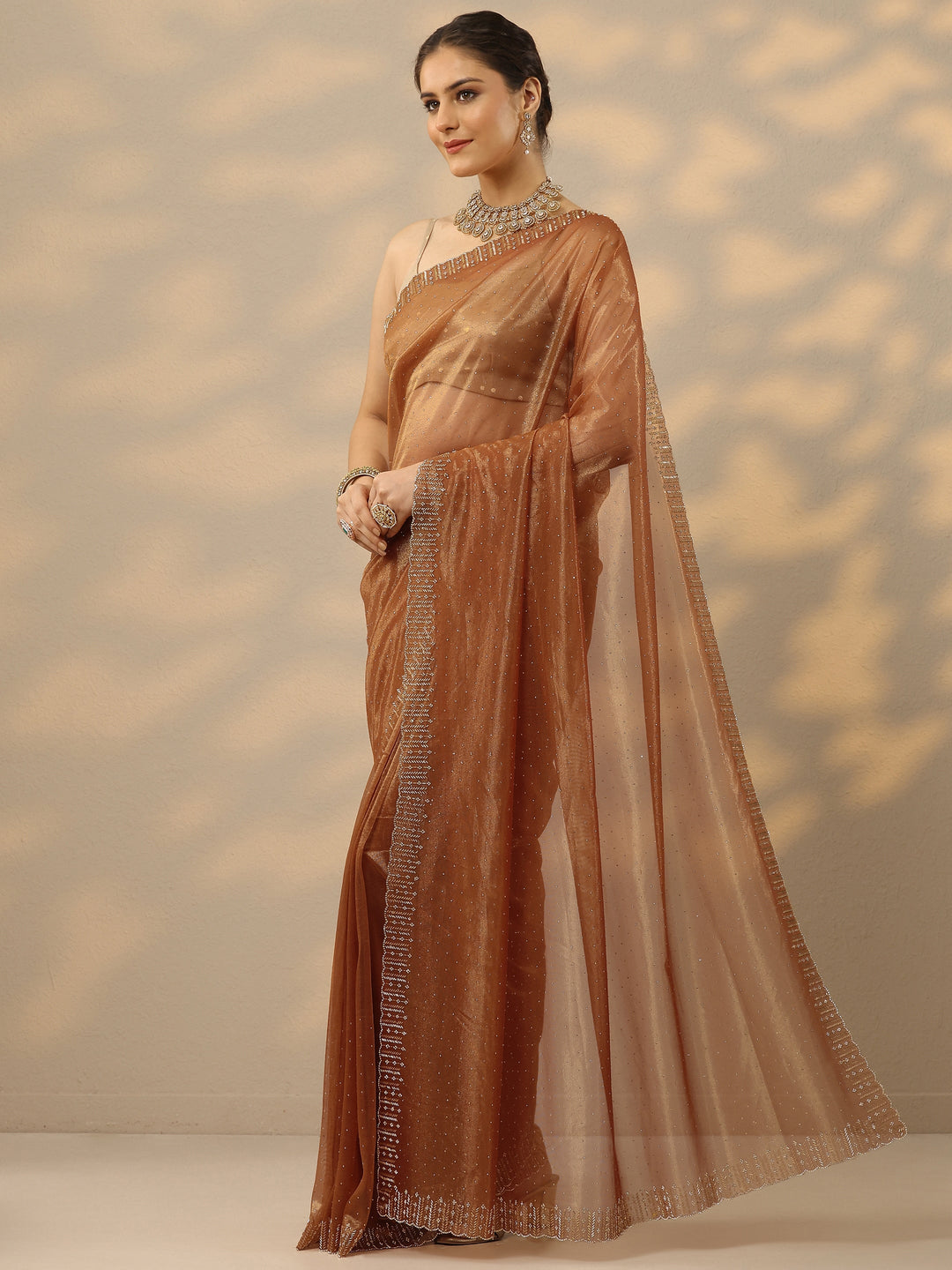 Rust Embellished Nylon Saree With Unstitched Blouse Piece