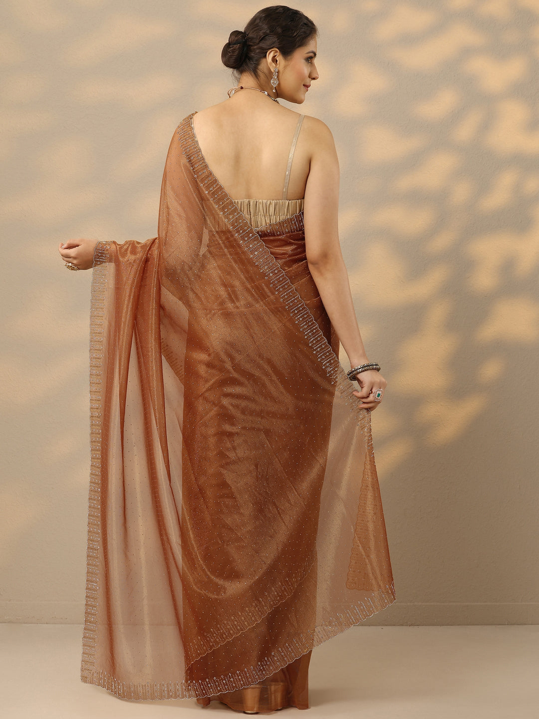 Rust Embellished Nylon Saree With Unstitched Blouse Piece