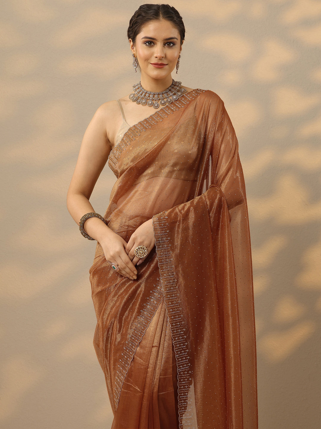 Rust Embellished Nylon Saree With Unstitched Blouse Piece