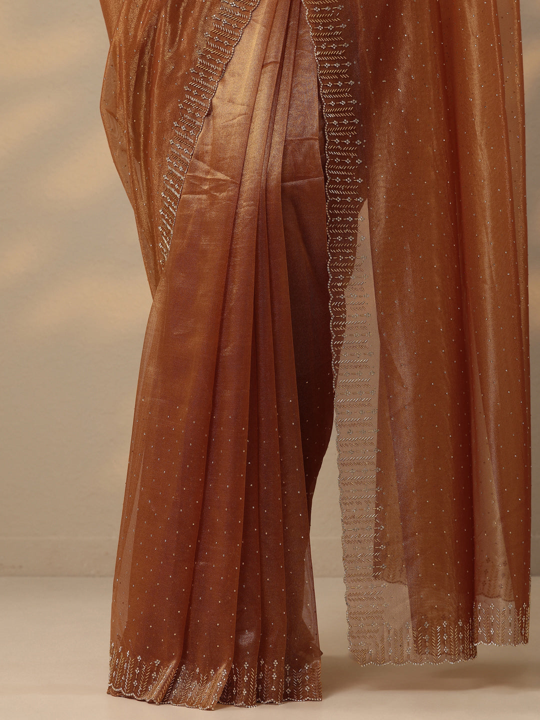 Rust Embellished Nylon Saree With Unstitched Blouse Piece