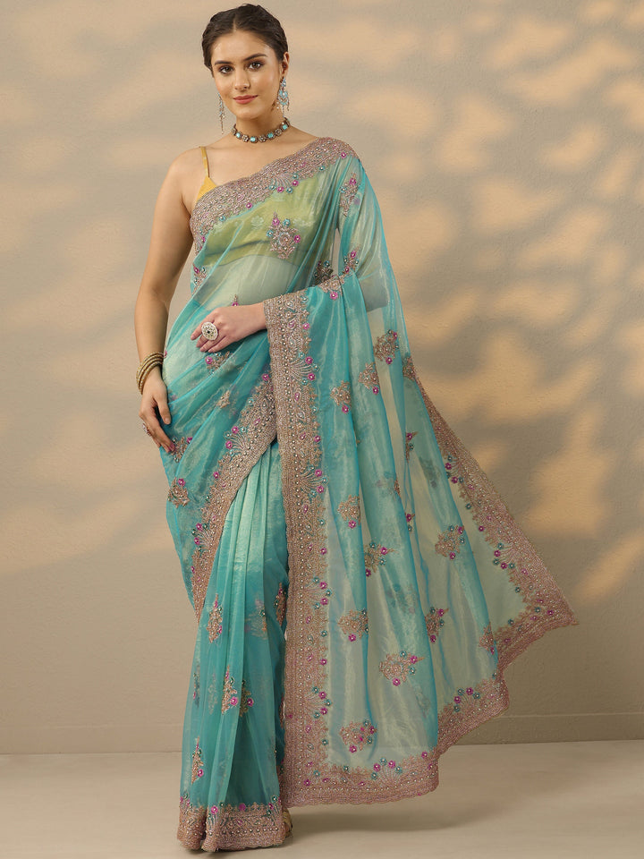 Blue Embroidered Nylon Saree With Unstitched Blouse Piece