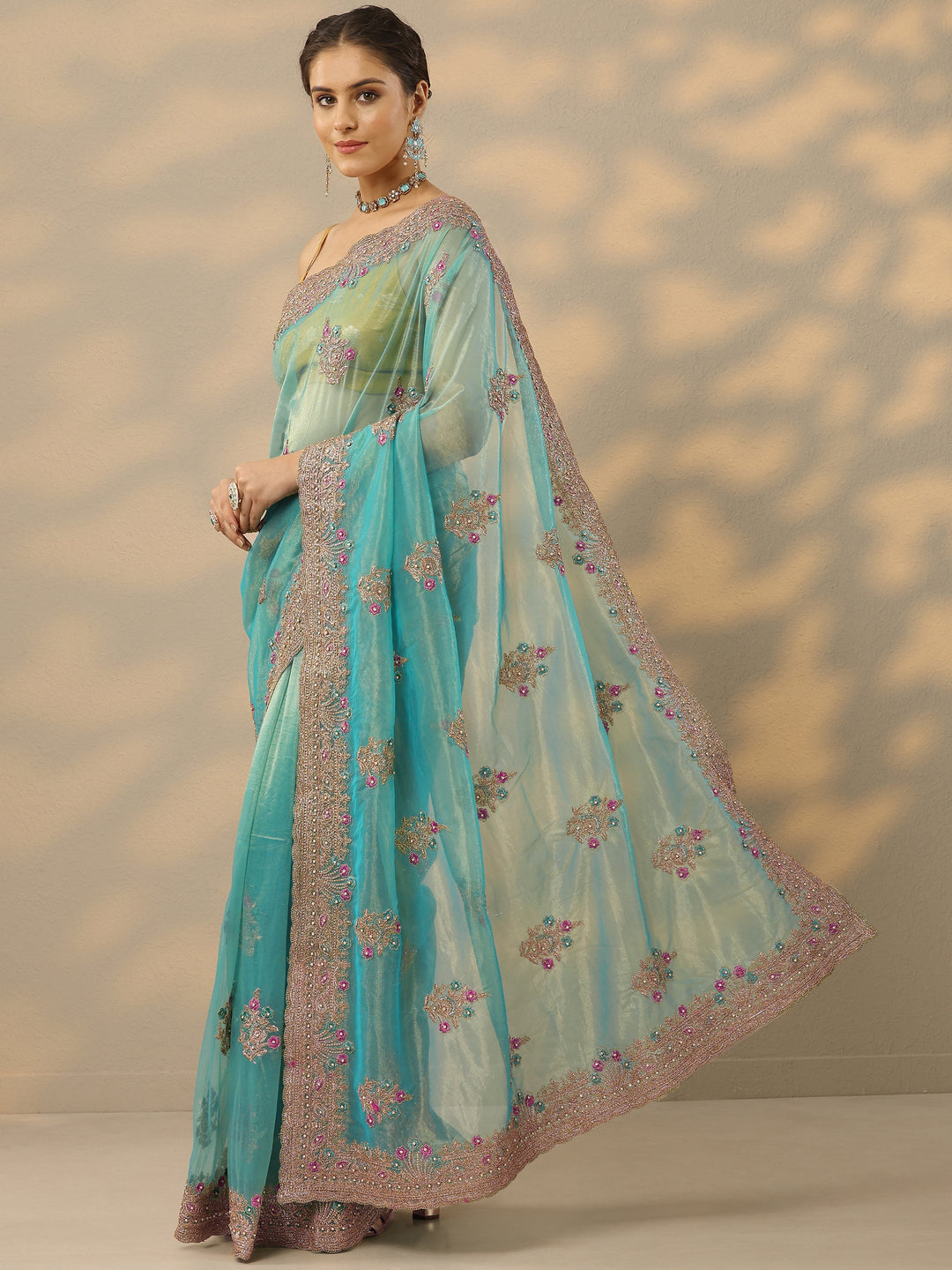 Blue Embroidered Nylon Saree With Unstitched Blouse Piece