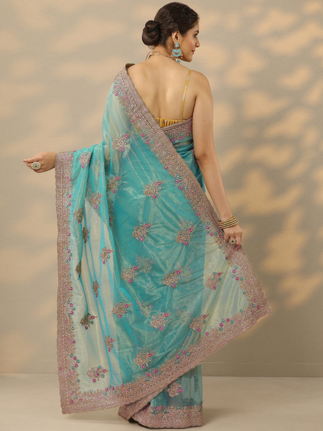 Blue Embroidered Nylon Saree With Unstitched Blouse Piece