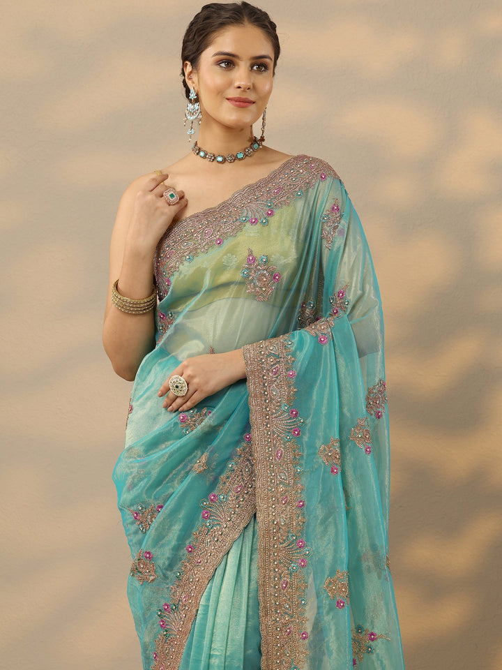 Blue Embroidered Nylon Saree With Unstitched Blouse Piece