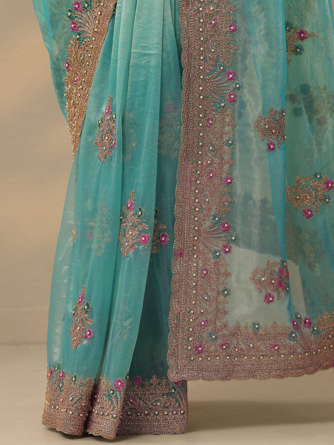 Blue Embroidered Nylon Saree With Unstitched Blouse Piece