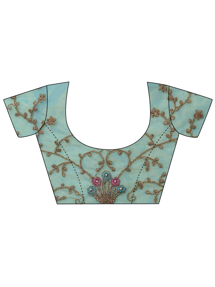 Blue Embroidered Nylon Saree With Unstitched Blouse Piece